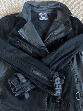 Killstar Women's Black Denim Moto Zip Up Star Pentagram Jacket Small